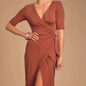 Lulus Forget Me Knot Wrap Midi Dress Rust Red NWT